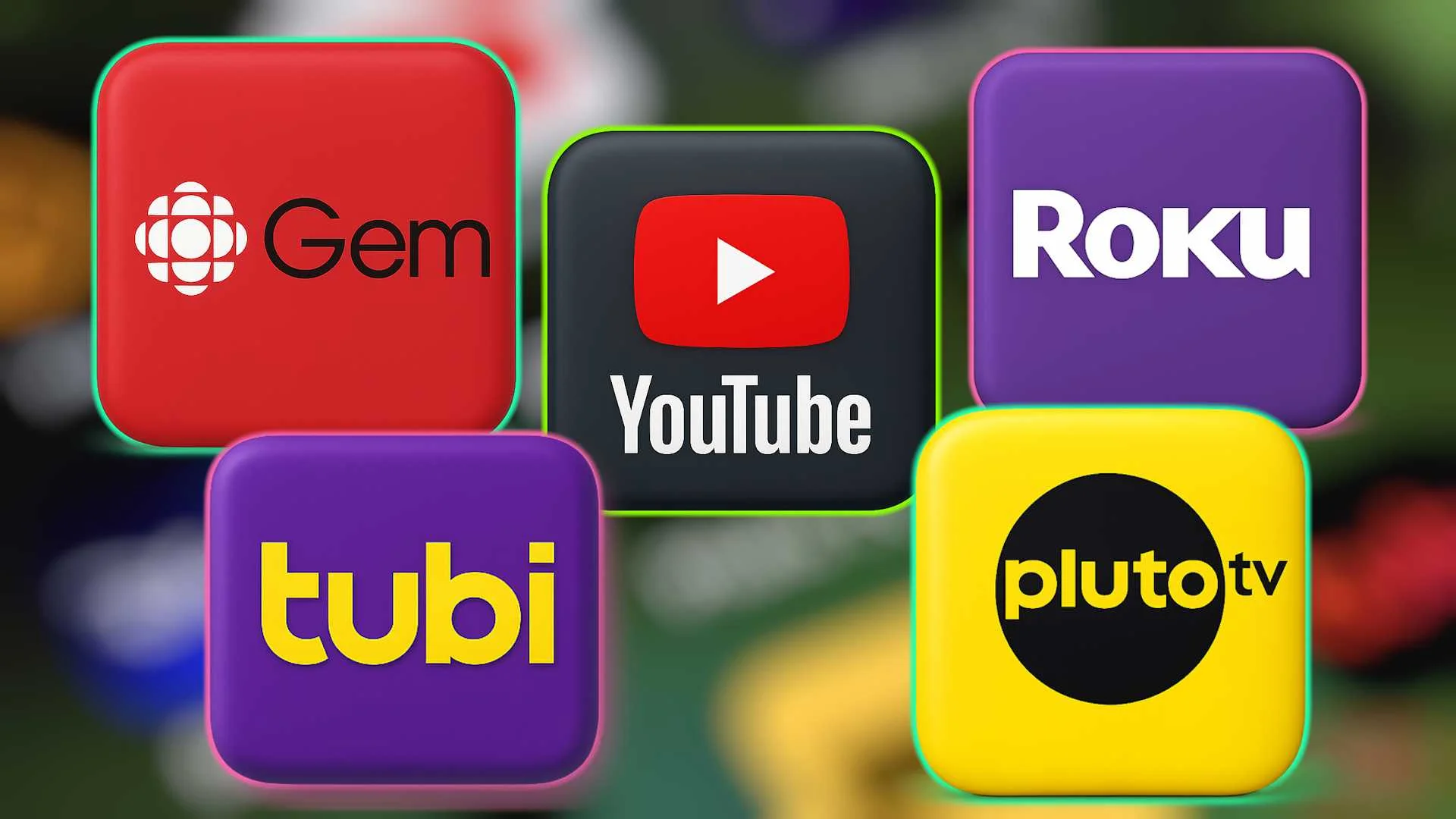 sports streaming brands logo boxes blurred background.