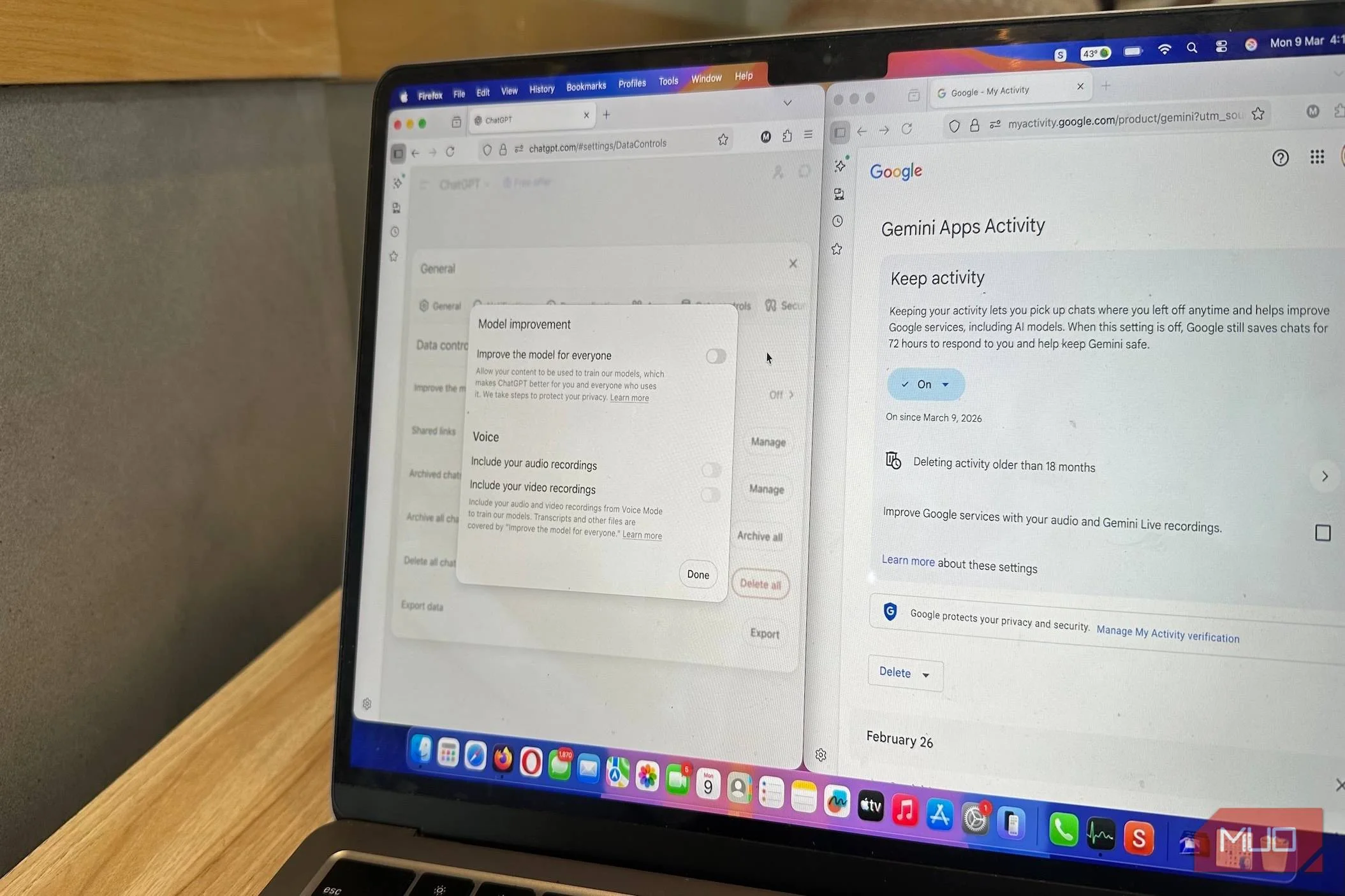 Photo of a MacBook Air M2 with ChatGPT and Gemini data control options open