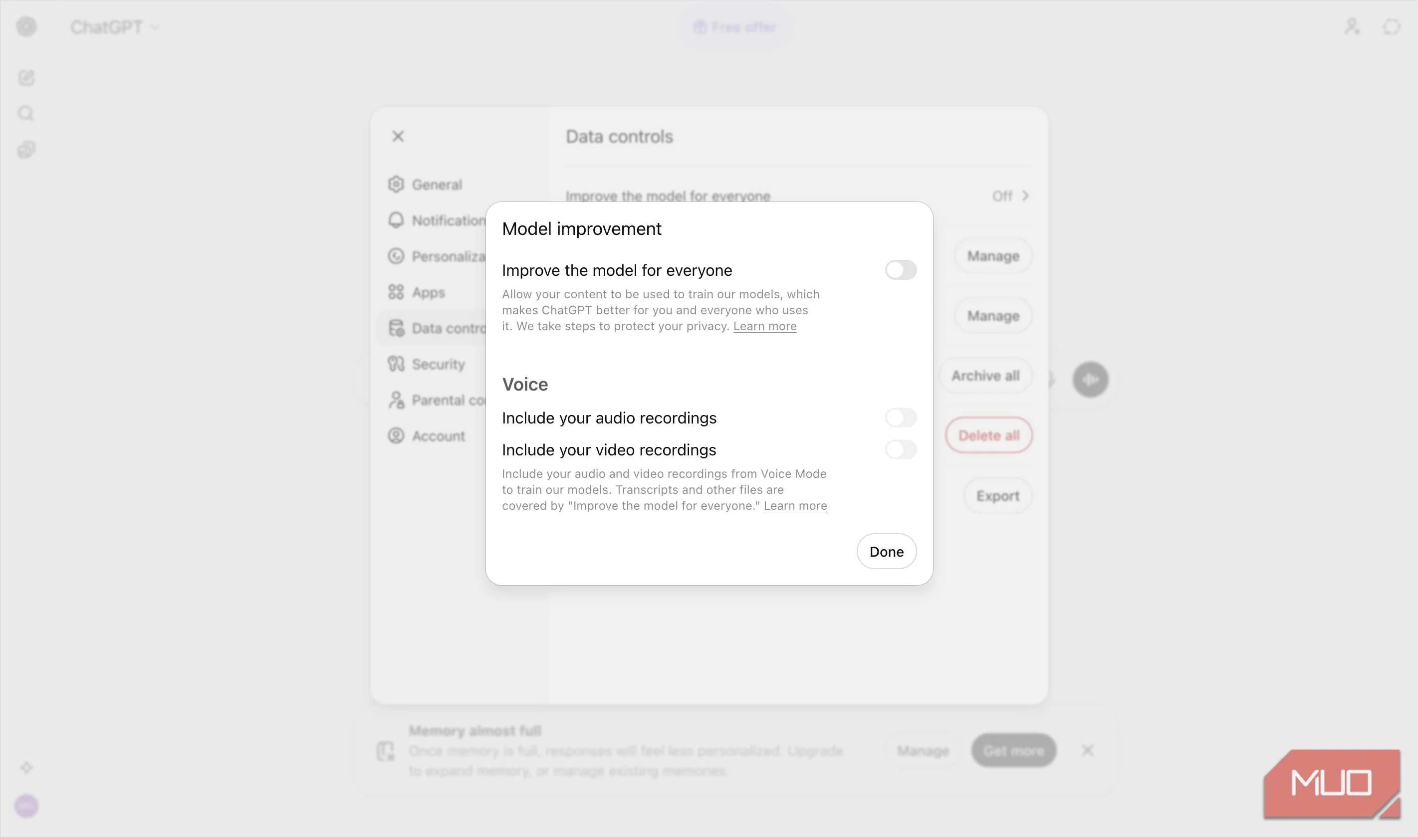 Improve the model for everyone slider in ChatGPT