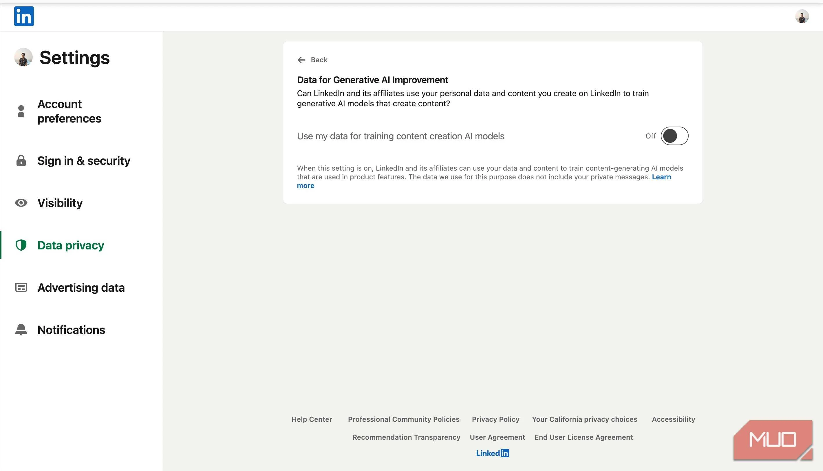 Data privacy settings page on LinkedIn