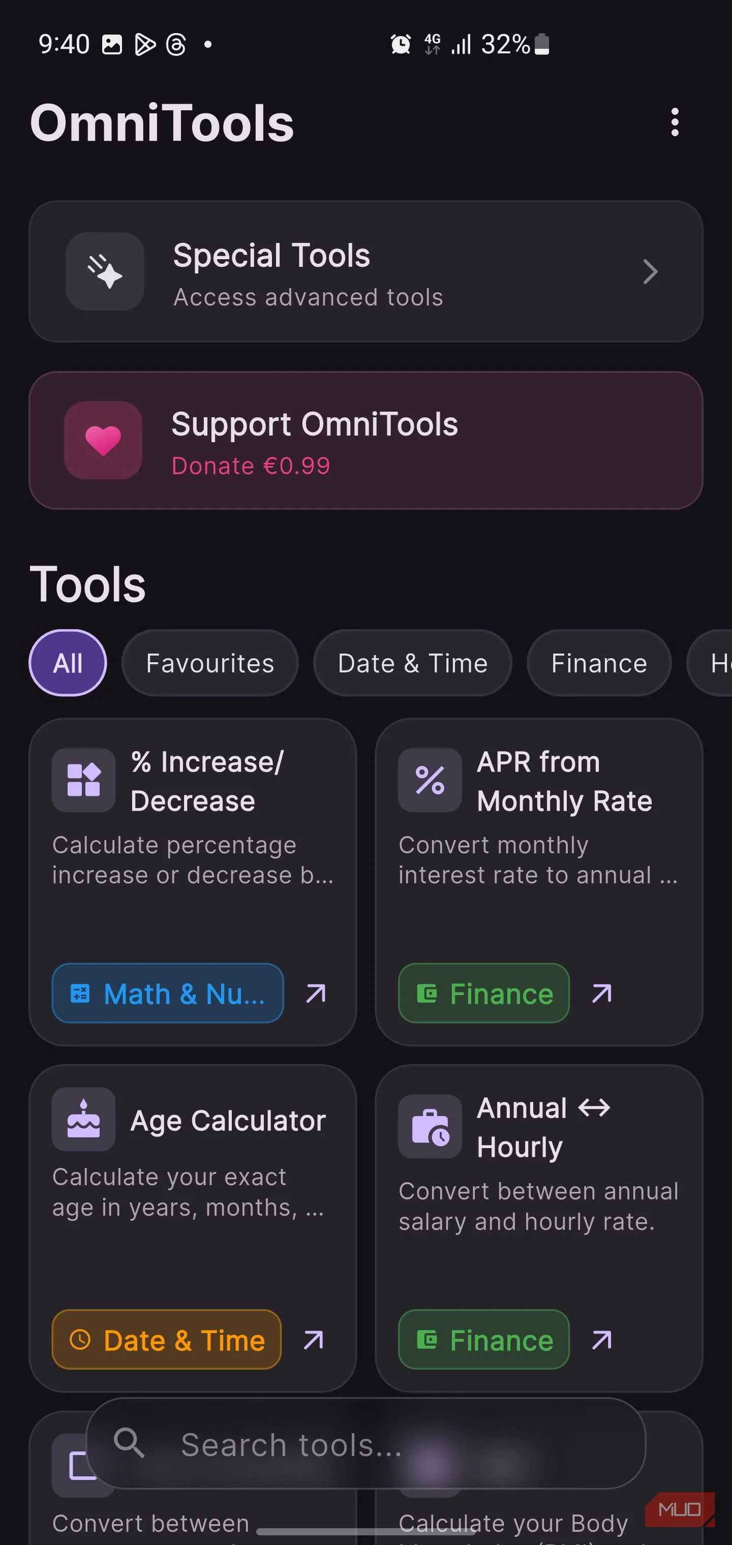 OmniTools app home screen displaying the top section of its extensive grid of utility calculators.-1