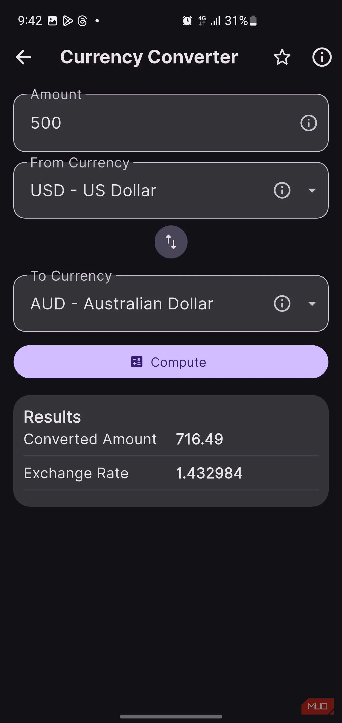 OmniTools currency converter screen calculating an exchange from 500 USD to Australian Dollars.