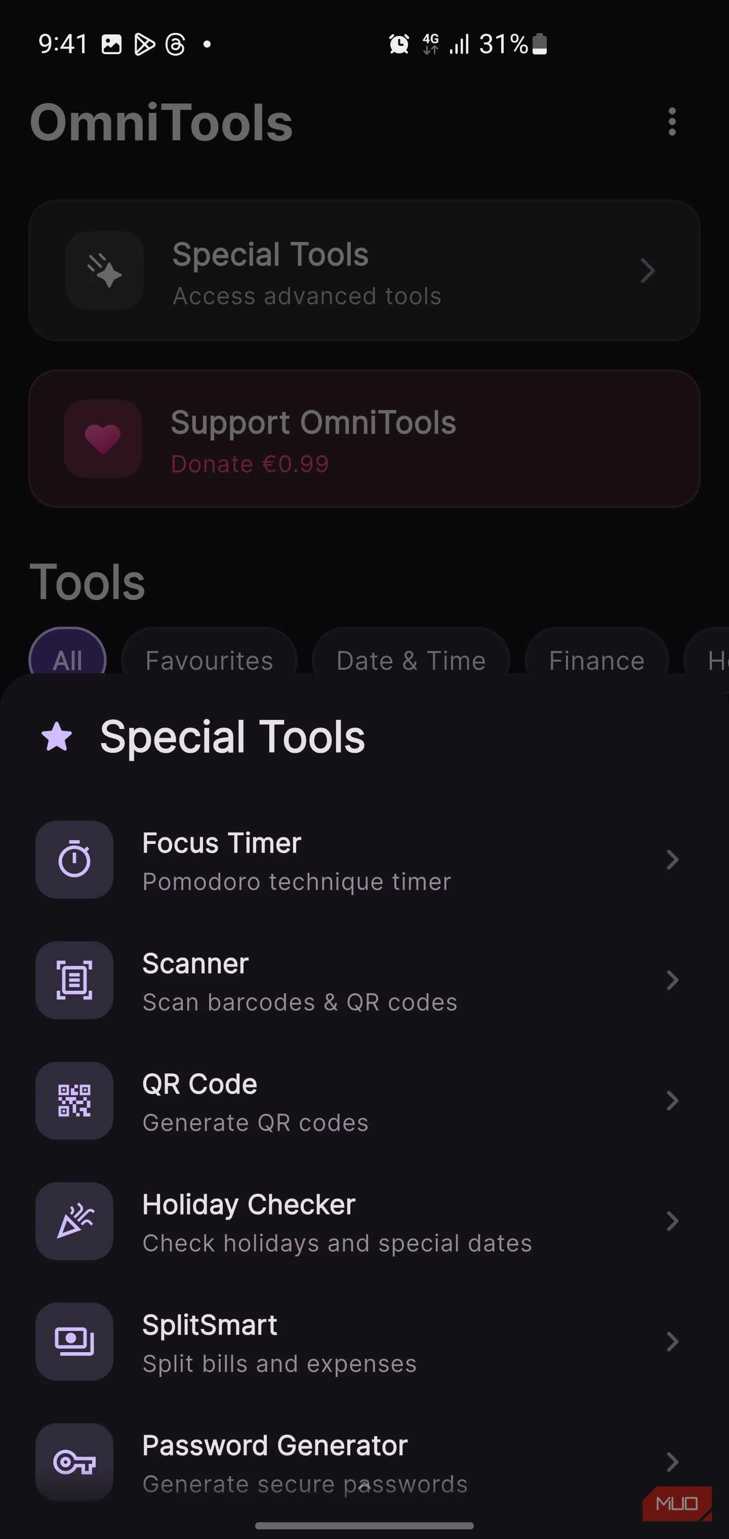 OmniTools Special Tools menu.
