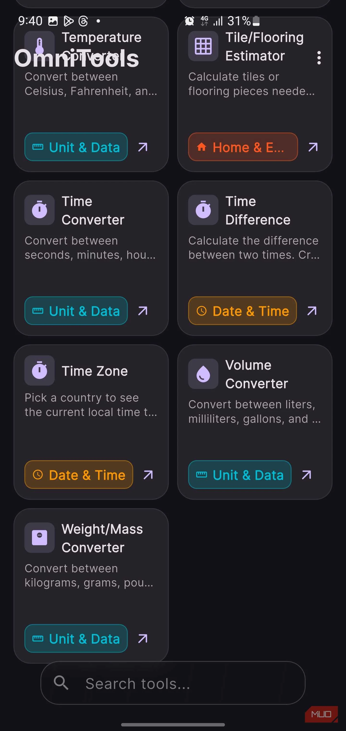 OmniTools app screen showing the bottom of the grid.