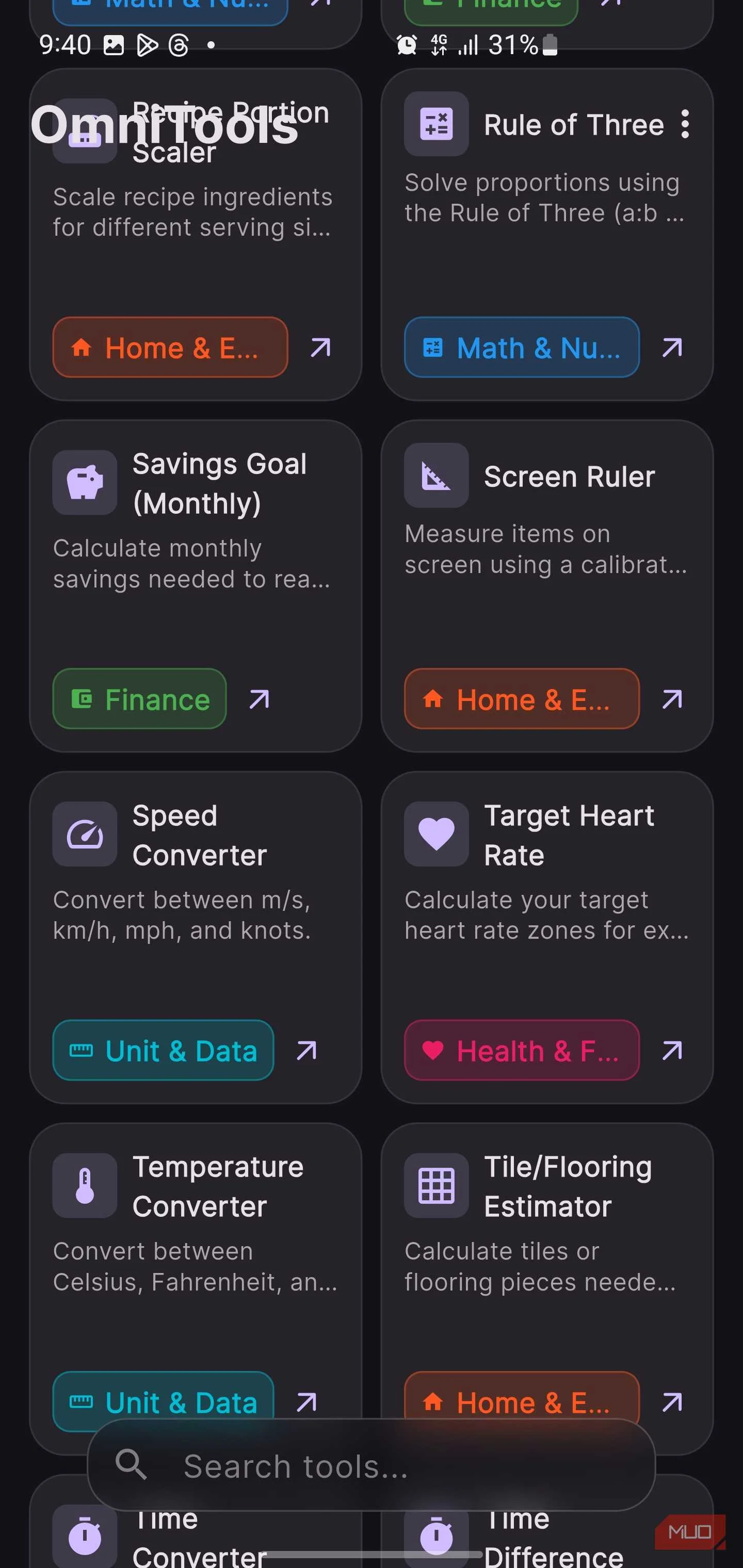 OmniTools app screen featuring utilities such as a Recipe Portion Scaler, Screen Ruler, and Target Heart Rate.