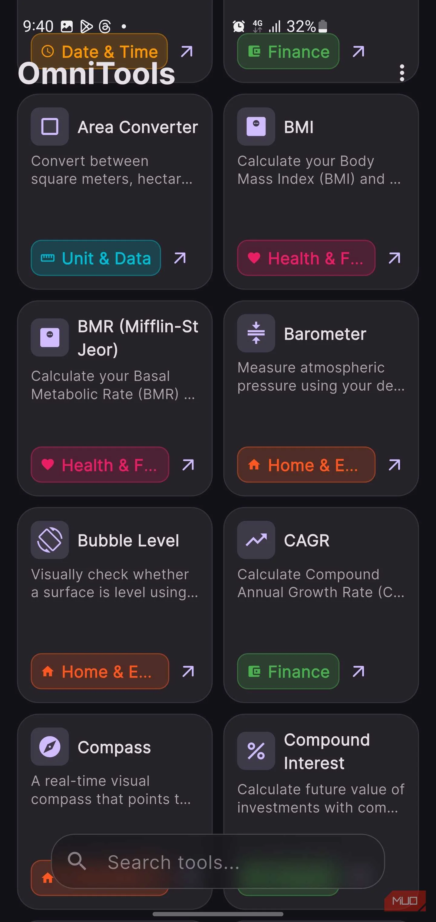 OmniTools app screen scrolling through tools.-1