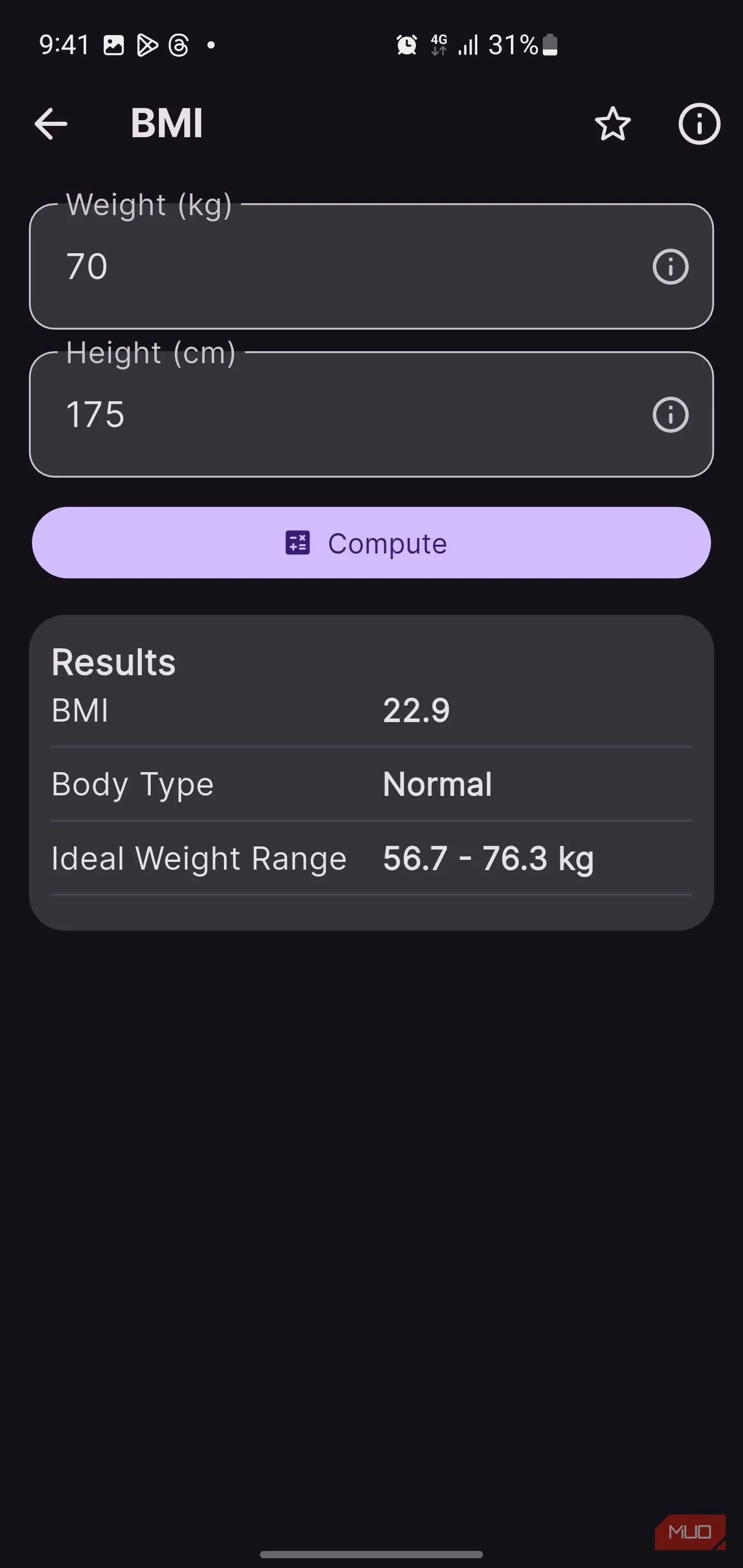 OmniTools BMI calculator screen.